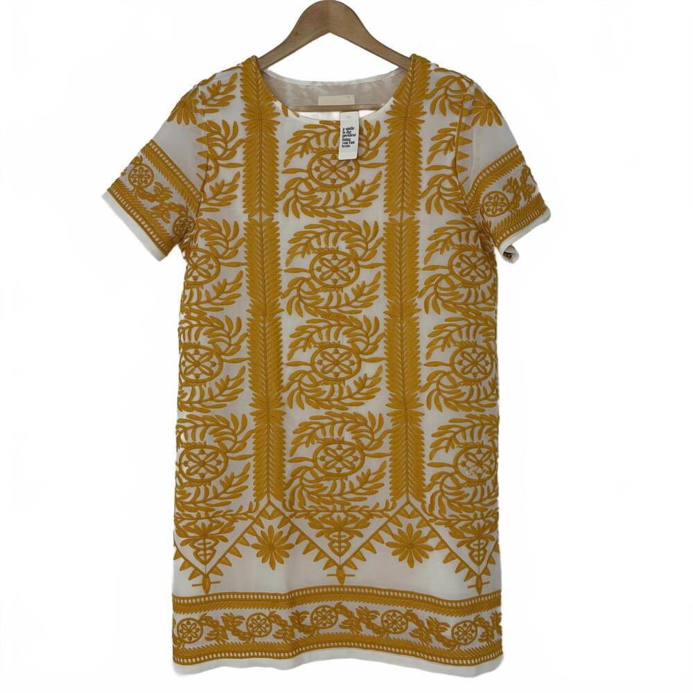 Mustard and White Short Sleeve Embroidered Mini Dress